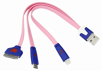 Кабель USB 3в1 Lightning, 30pin, micro USB, 1А, 0,15м, ПВХ, розовый, плоский, светящиеся разъемы REXANT