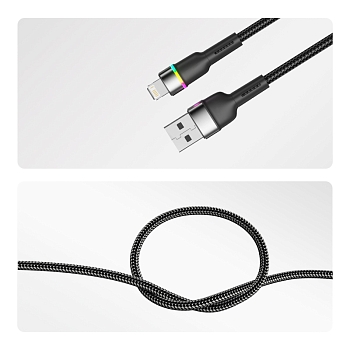 Кабель USB-A – Lightning для Apple, 2,4А, 1м, в черной нейлоновой оплетке, с LED подсветкой REXANT