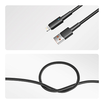 Кабель USB-A – Lightning для Apple, 2,4А, 1м, в черной нейлоновой оплетке, со световой индикацией REXANT