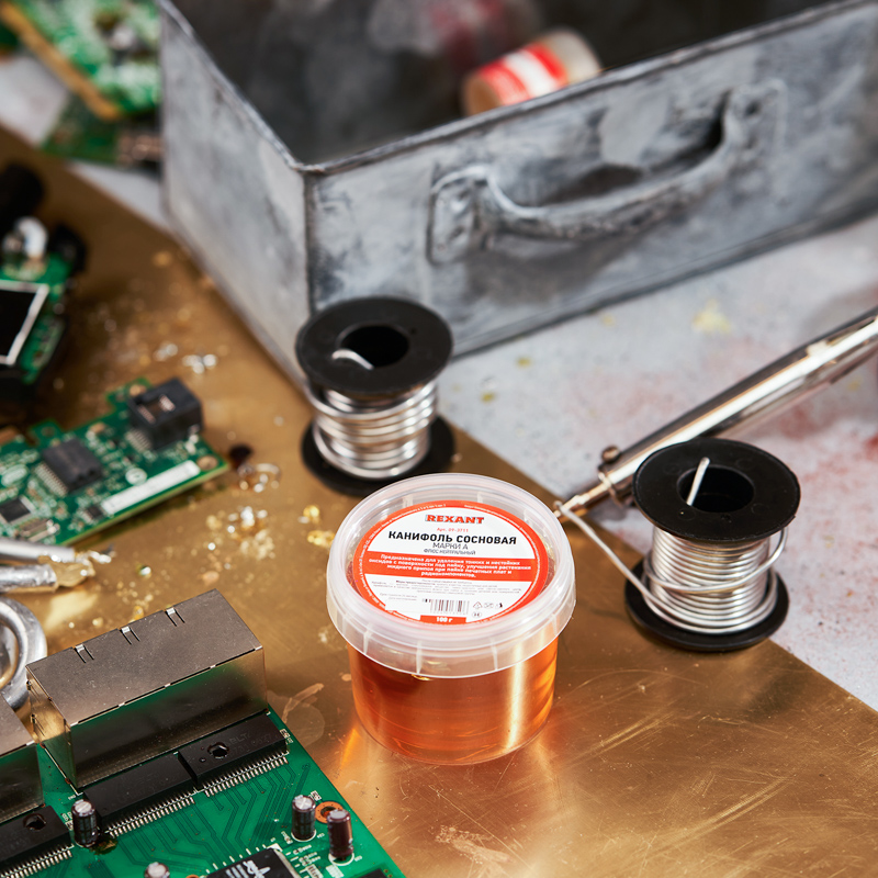 Канифоль сосновая, флюс НЕЙТРАЛЬНЫЙ, марка А, 100г, банка REXANT