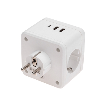 Двойник электрический Куб 16А с/з + 2хUSB-A 2,4А + USB Type-C 3А с ночной подсветкой, белый REXANT