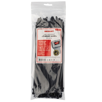 Стяжка нейлоновая Профессиональная 250x4,8мм, черная (100 шт/уп) REXANT