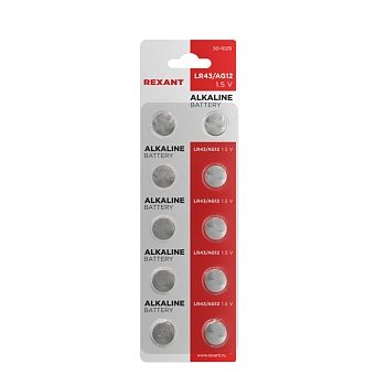Батарейка часовая LR43, 1,5В, 10 шт (AG12, LR1142, G12, 86, GP86A, 386, SR43W) блистер REXANT