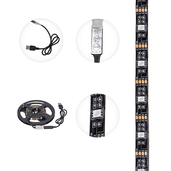 Лента светодиодная 5В, SMD5050, 7,2Вт/м, 30 LED/м, RGB, 10мм, 3м, с USB коннектором, черная, IP20 LAMPER