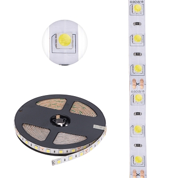 Лента светодиодная 12В, SMD5050, 14,4Вт/м, 60 LED/м, 6500К, 10мм, 5м, для БП с клеммами, IP65 LAMPER