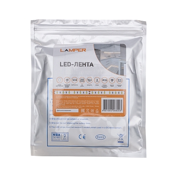 Лента светодиодная 12В, SMD5050, 14,4Вт/м, 60 LED/м, 6500К, 10мм, 3м, для БП с клеммами, IP20 LAMPER