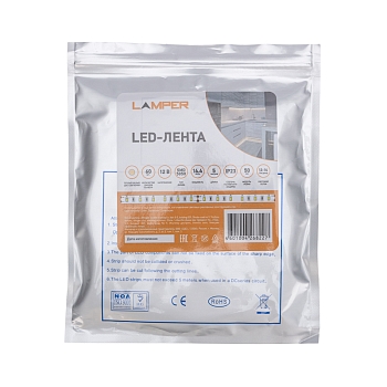 Лента светодиодная 12В, SMD5050, 14,4Вт/м, 60 LED/м, 2700К, 10мм, 5м, для БП с клеммами, IP20 LAMPER