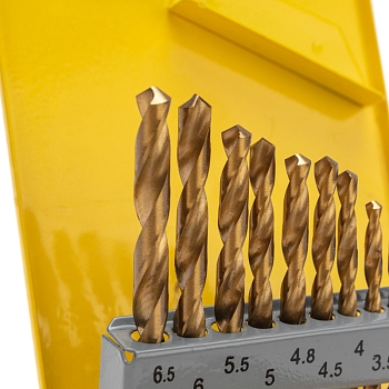 Набор сверл по металлу, 1,5-6,5мм (через 0,5мм, 3,2мм, 4,8мм), НSS, ТИТАН, цилиндрический хвостовик, металлический кейс, 13 шт. KRANZ