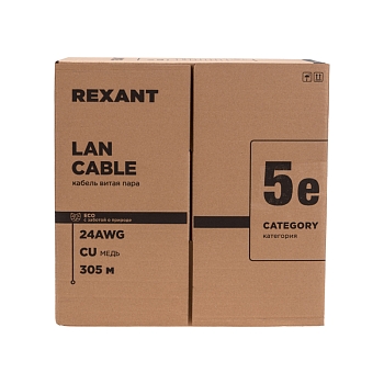 Кабель витая пара U/UTP, CAT 5e, PE, 4PR, 24AWG, OUTDOOR, SOLID, черный, 305м, РФ REXANT