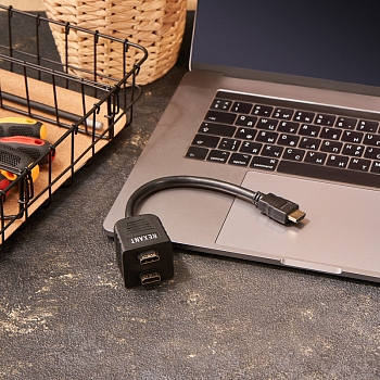 Переходник штекер HDMI - 2 гнезда HDMI с проводом, черный REXANT