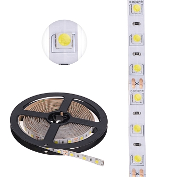 Лента светодиодная 12В, SMD5050, 14,4Вт/м, 60 LED/м, 6500К, 10мм, 3м, для БП с клеммами, IP65 LAMPER