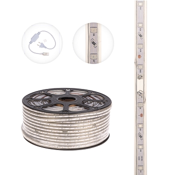 Лента светодиодная 220В, SMD2835, 4,8Вт/м, 60 LED/м, Красный, 10х7мм, 100м, с кабелем питания, IP67 NEON-NIGHT