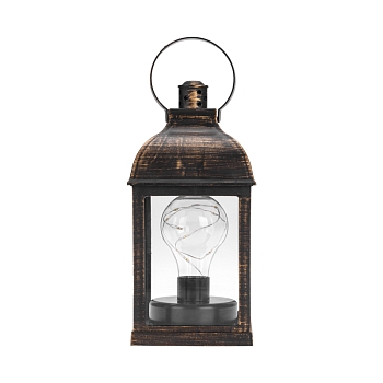Декоративный фонарь с лампочкой, бронзовый корпус, размер 10,5х10,5х22,5 см, цвет ТЕПЛЫЙ БЕЛЫЙ