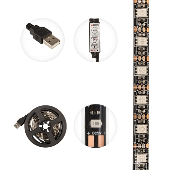 Лента светодиодная 5В, SMD5050, 4,8Вт/м, 60 LED/м, RGB, 10мм, 1м, с USB коннектором, черная, IP65 LAMPER