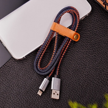Кабель USB-A – Lightning, 2,4A, 1м, в нейлоновой оплетке (джинсовая ткань) REXANT