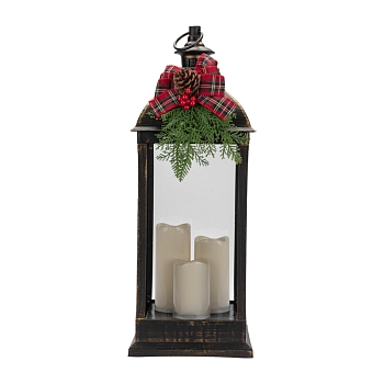 Декоративный фонарь с тремя свечами, бронзовый корпус, размер 24х24х65см, цвет теплый белый