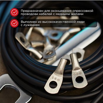 Наконечник медный луженый ТМЛ 25–8–8 (25мм² - Ø8мм) ГОСТ 7386-80 (в упак. 100 шт.) REXANT