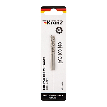 Сверло по металлу 3,0х61х33мм (HSS), DIN 338, 2 шт. в упаковке KRANZ