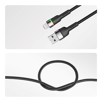 Кабель USB-A – Lightning, 2,4А, 1м, в черной нейлоновой оплетке, с LED подсветкой REXANT