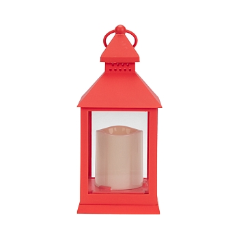 Декоративный фонарь со свечкой, красный корпус, размер 10,5х10,5х24см, цвет ТЕПЛЫЙ БЕЛЫЙ