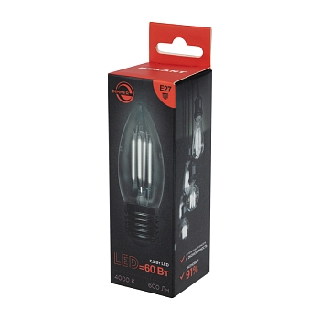 Лампа филаментная Свеча CN35 7,5Вт 600Лм 4000K E27 диммируемая, прозрачная колба REXANT