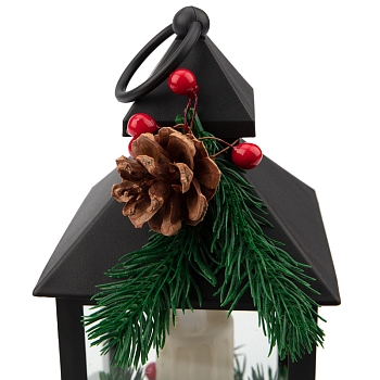 Декоративный фонарь со свечкой и шишкой, черный корпус, размер 10,7x10,7x23,5 см, цвет теплый белый