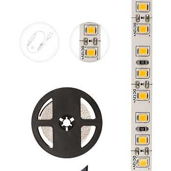 Лента светодиодная 12В, SMD2835, 9,6Вт/м, 120 LED/м, 3000K, 8мм, 5м, IP20 LAMPER