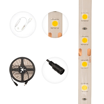 Лента светодиодная 12В, SMD5050, 14,4Вт/м, 60 LED/м, 3000К, 10мм, 5м, IP65 LAMPER