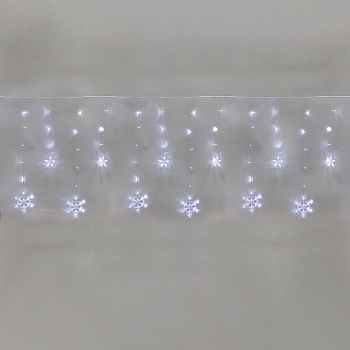 Гирлянда Бахрома со снежинками 2,4х0,9м, 150LED БЕЛЫЙ, прозрачный ПВХ, IP20, свечение с динамикой, 230В, не соединяется, с контроллером 8 режимов