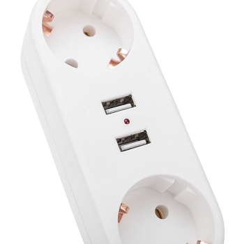 Двойник электрический линейный 16А с/з + 2 USB-порта, 2,4 А, белый REXANT