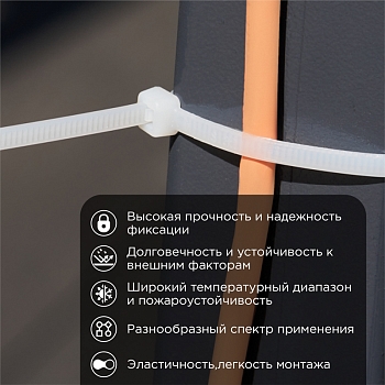 Стяжка кабельная нейлоновая 250x4,8мм, белая (100 шт/уп) REXANT