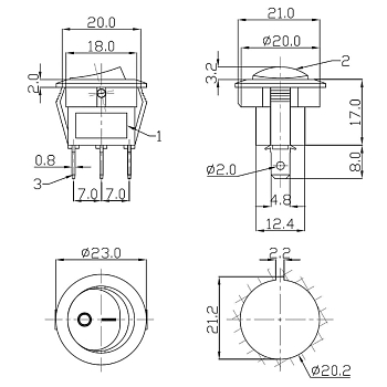 Выключатель клавишный круглый 12В 20А (3с) ON-OFF красный с подсветкой REXANT