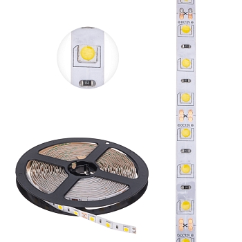Лента светодиодная 12В, SMD5050, 14,4Вт/м, 60 LED/м, 4000К, 10мм, 5м, для БП с клеммами, IP20 LAMPER