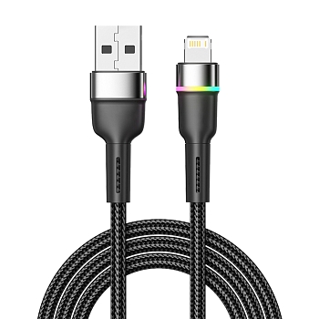 Кабель USB-A – Lightning, 2,4А, 1м, в черной нейлоновой оплетке, с LED подсветкой REXANT