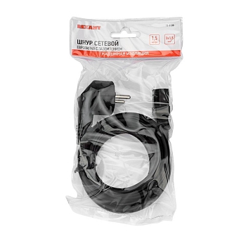 Шнур сетевой, вилка угловая СЕЕ 7/7(Schuko) - разъем IEC 320 C13, кабель 3x1,5 мм², длина 1,5 метра, черный (PVC пакет) REXANT